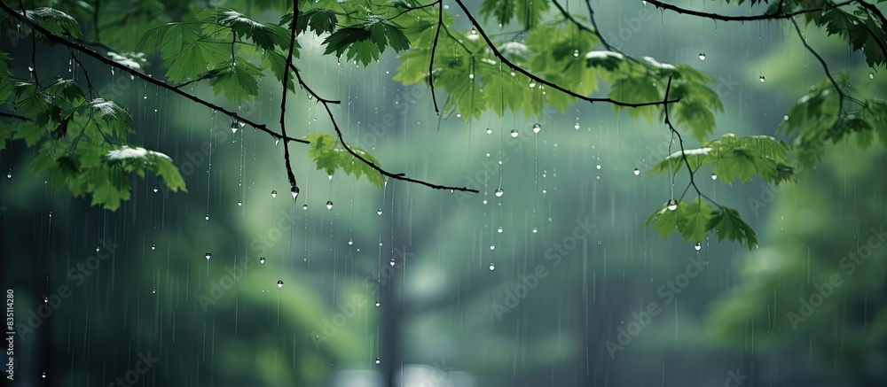 Fototapete Raindrops on trees in the park create a tranquil setting with a copy space image.