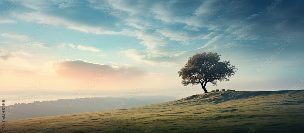 Poster A solitary tree on a hill with a blurred background, creating a serene landscape with copy space image.