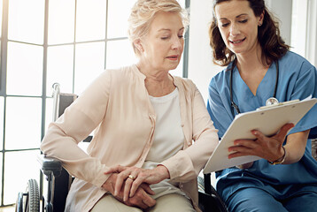 Nurse, woman and wheelchair with documents for insurance, report or medical review in hospital....