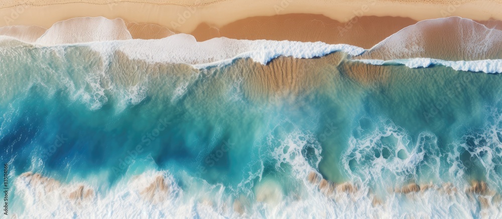 Poster a serene beach setting captured from above, ideal for showcasing summer vacations with its tranquil 