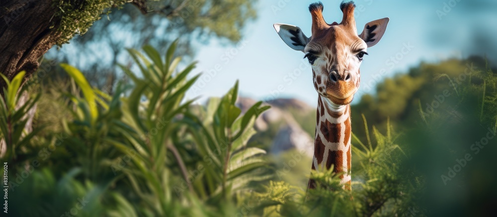 Poster A giraffe peacefully grazing on foliage in a tranquil natural setting with a serene backdrop, ideal for a copy space image.