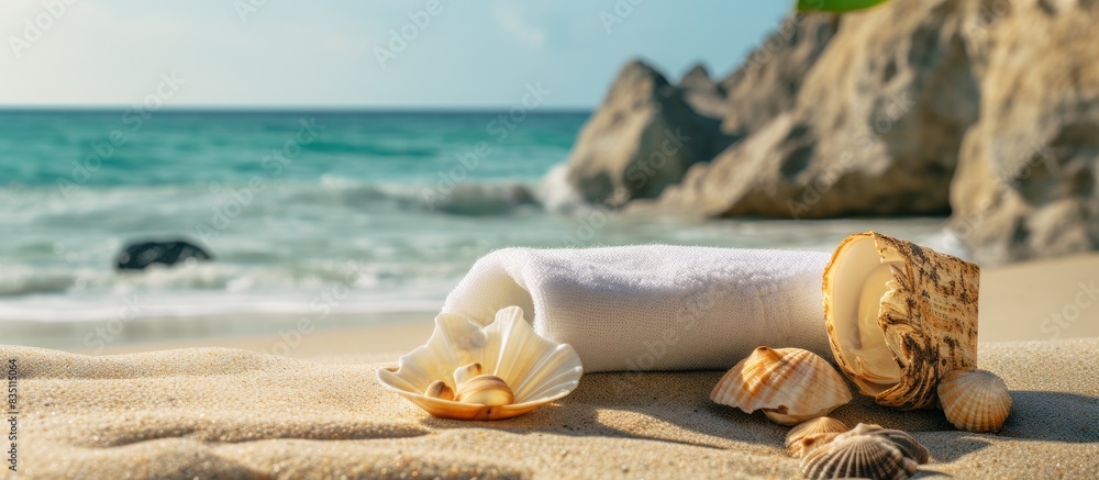 Poster beach items like swimwear, sun protection cream, and a shell placed on a rock at the seashore, creat