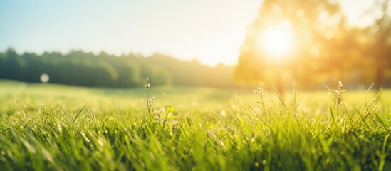 Morning sun shining over a blurred grassy field with copy space image included. - Powered by Adobe