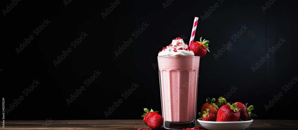Poster strawberry milkshake displayed against a dark backdrop with copy space image.