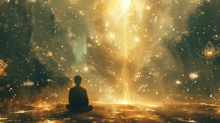 A person meditates in a beam of light, surrounded by symbols of the zodiac and celestial bodies, embodying the connection between the metaphysical and the cosmos.
