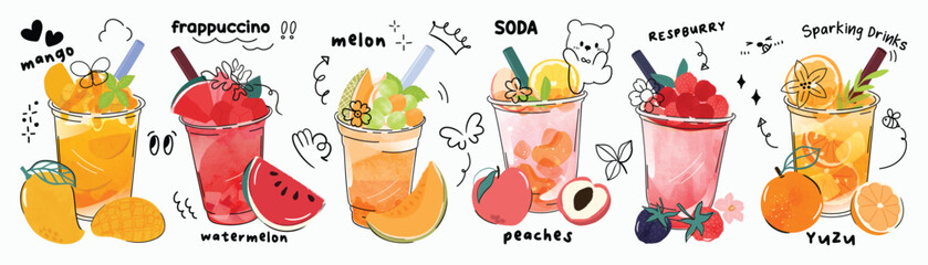 Fresh smoothies and sparkling drinks design with cute doodle decoration. Fruit refreshment and soft drinks in glasses. Vector illustration blended smoothie for logo, ads, promotion, marketing, banner.