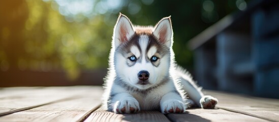 Adorable Siberian husky puppy with striking blue eyes playing outdoors in sunny summer weather, copy space image.