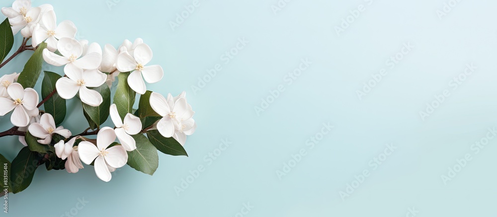 Poster an image featuring a white ornamental plant with flowers against a plain background providing space 