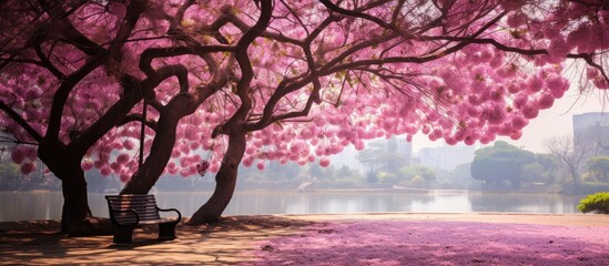 A stunning pink tabebuia tree blossoming fully in the park, providing a picturesque copy space image.