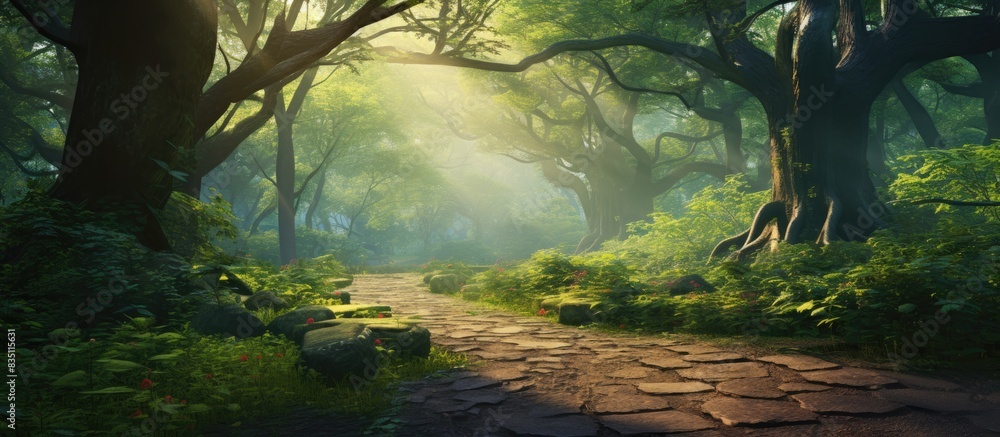 Poster the forest path is lined with dense foliage, providing a picturesque environment with abundant natur