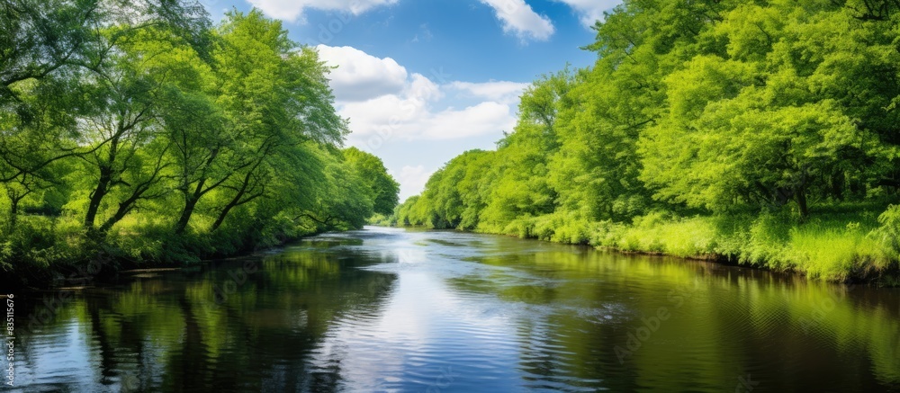 Poster lush green canals surrounded by trees under a clear blue sky with fluffy white clouds, providing a s