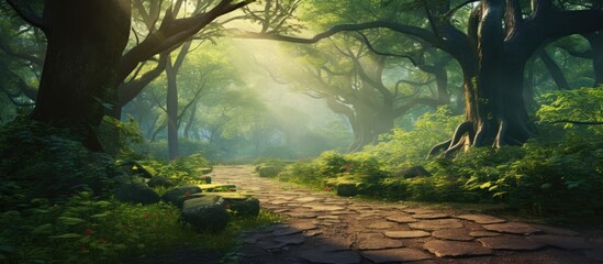 The forest path is lined with dense foliage, providing a picturesque environment with abundant natural beauty and a tranquil ambiance perfect for a copy space image.
