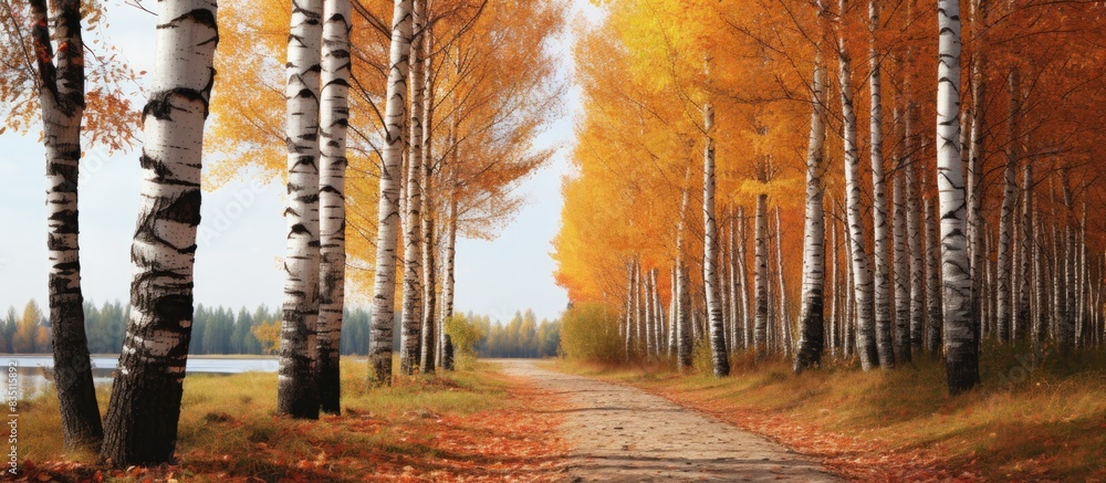 Poster Autumn scene with three birch trees lining a path, providing a tranquil backdrop for a potential copy space image.