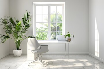 Bright and Airy Minimalist Home Office with Sleek White Desk and Comfortable Chair