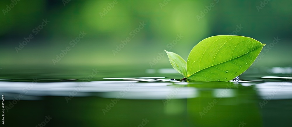 Poster Macro image of a green leaf on water with copy space image.