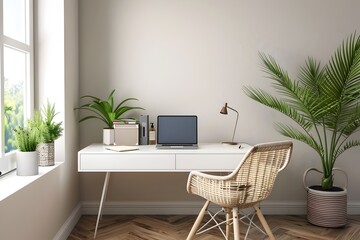 Minimalist Home Office Corner with Sleek Desk Stylish Chair and Lush Greenery