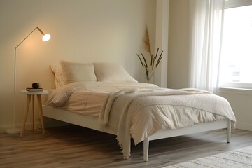 Minimalist Bedroom Setup with Neutral Bedding and Soft Lighting
