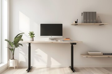 Minimalist Workspace with Adjustable Standing Desk and Greenery Accents