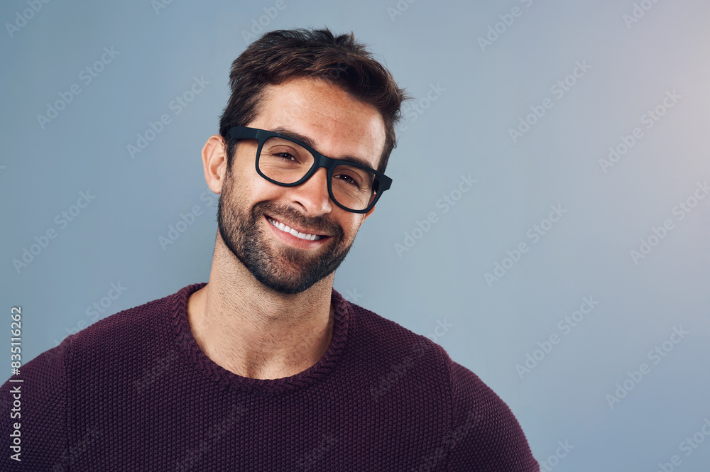 Poster portrait, happy and man on studio background for startup business with smart and intelligent face. c
