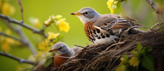 A Fieldfare, scientifically known as Turdus pilaris, in its natural habitat with its offspring in a nest, creating a picturesque scene in the wild with copy space image available.