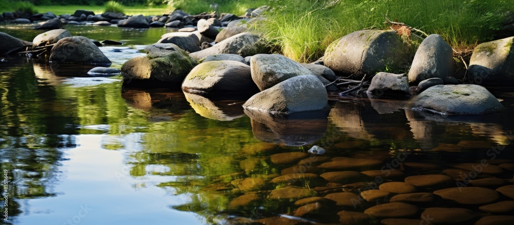 Poster nature stones and green landscape reflections in the creek create a serene copy space image.