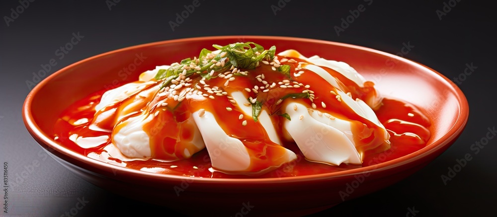 Poster A plastic bowl containing poached eggs served with red sauce and enoki mushrooms against a plain background with copy space image.