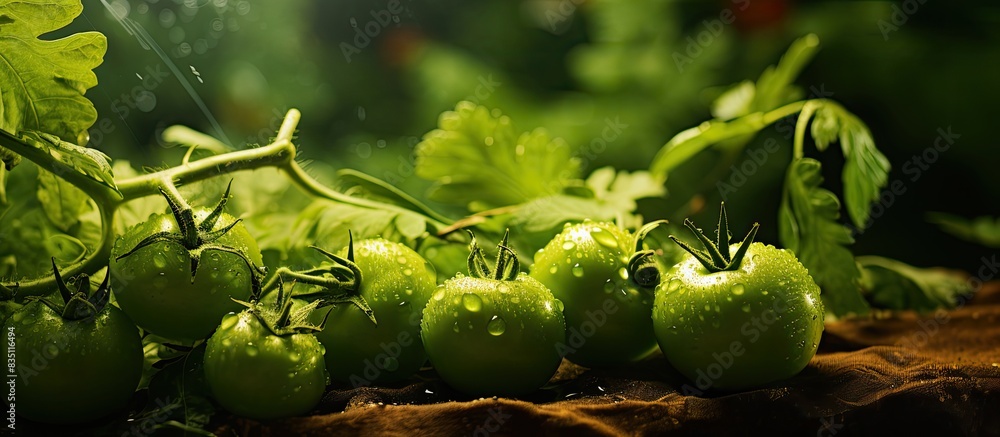 Poster harvest concept depicted with green organic tomatoes in the garden setting in a copy space image.