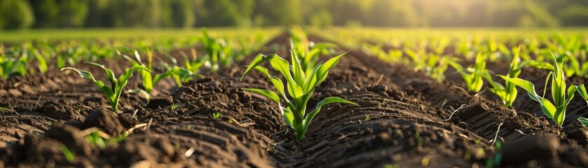 Rows of young corn plants growing on the field