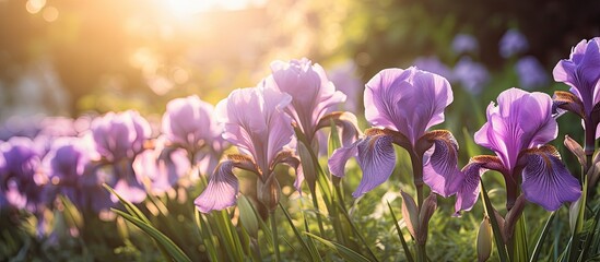 Big light purple iris flowers blossoming in a sunny garden, with a charming copy space image.