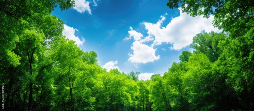 Poster lush green forest with clear blue sky overhead, creating a serene natural setting with a vast copy s