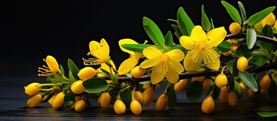 St John's Wort berries, scientifically known as tutsan hypericum androsaemum, are shown in the copy space image.