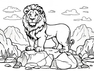 coloring book Lion standing on the rock. mountain view background