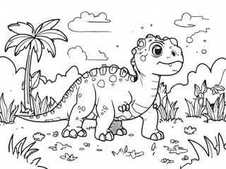 coloring book dinosaur on the grass. mountain view background