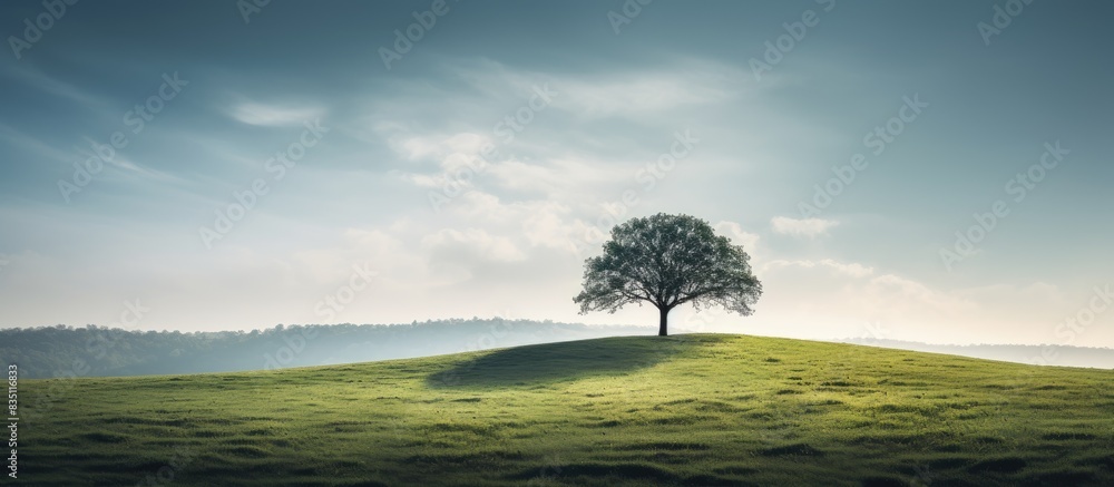 Poster A solitary tree on a hill with a blurred background, creating a serene landscape with copy space image.