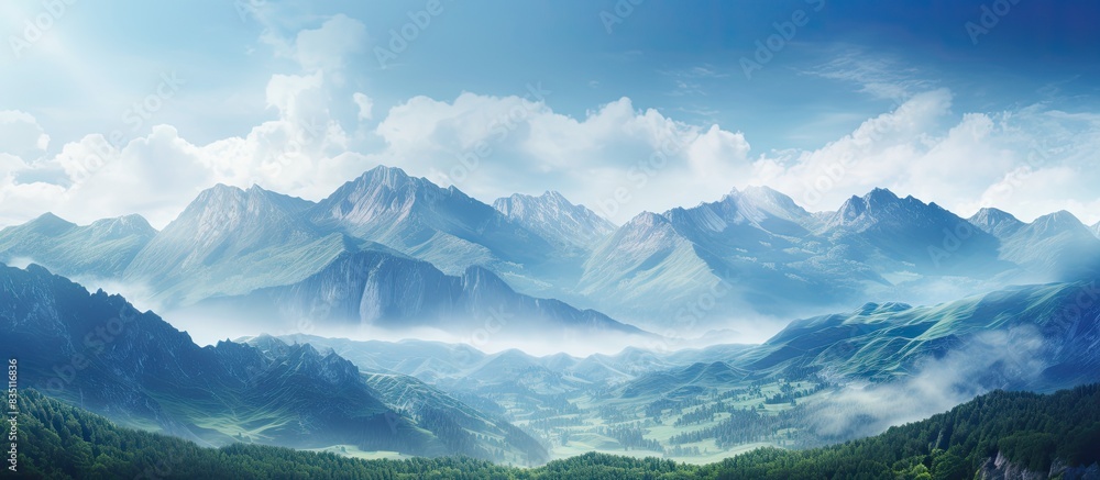 Poster scenic view with majestic mountain range against a beautiful sky, perfect for copy space image.