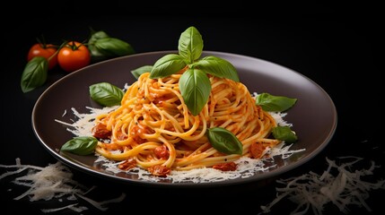 A freshly baked plate of pasta with basil on top,