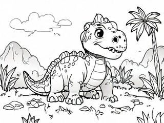 coloring book dinosaur on the grass. mountain view background