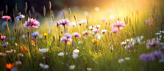In early morning light, lovely wildflowers bloom among lush green grass, creating a picturesque scene with copy space image. © vxnaghiyev