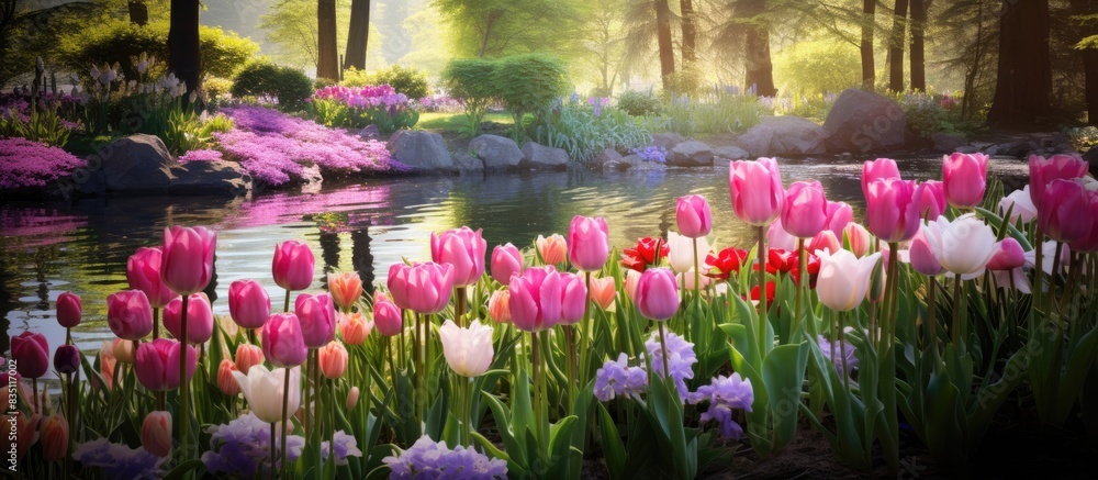 Poster spring landscape with beautiful flowers like tulips and lupines in a garden setting, perfect for a c