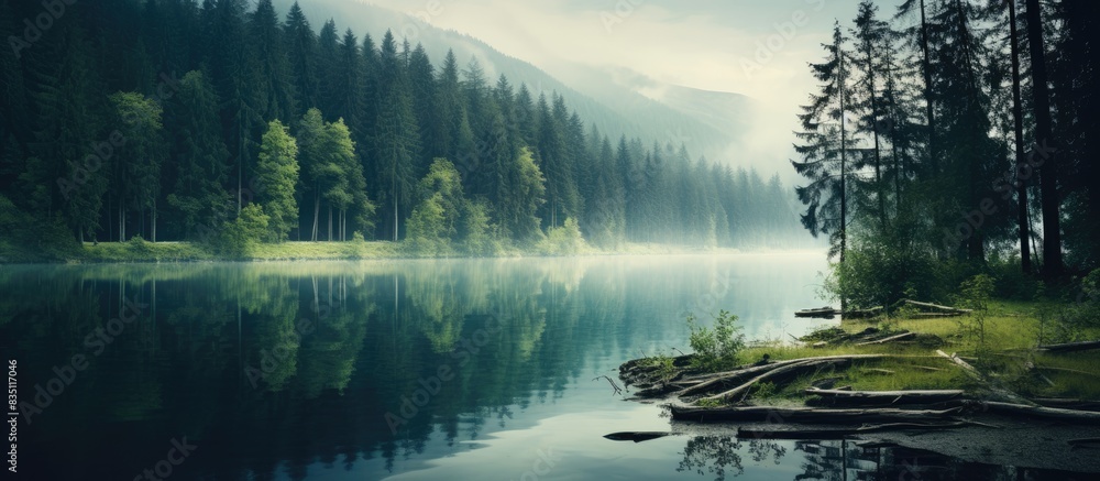 Aufkleber Tranquil lake reflecting a forest backdrop with copy space image.