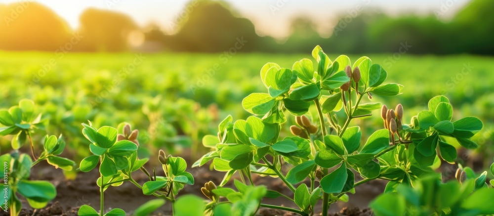 Aufkleber A scenic view of blooming peanut plants with a background offering empty copy space image.