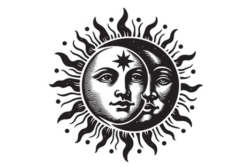 Sun and moon. Isoteric vector illustration. vintage engraving, emblem, logo