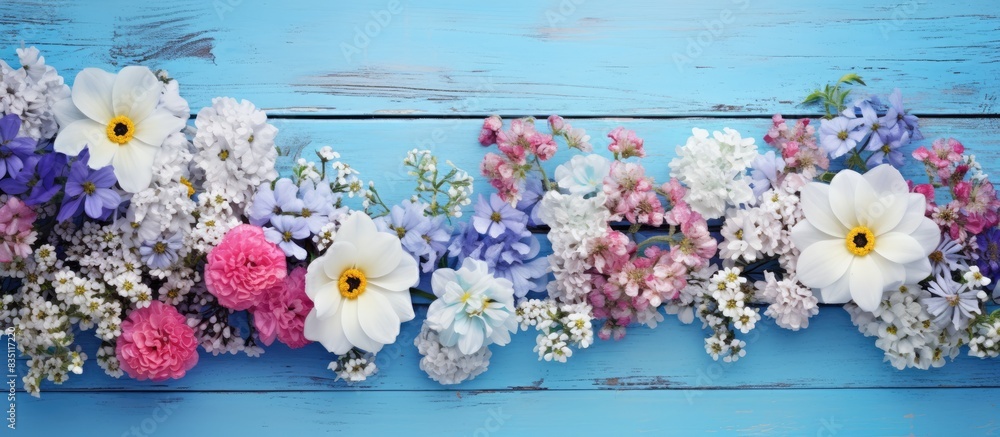 Poster Flowers in a garden, set on a blue wooden table, create a background for a copy space image.