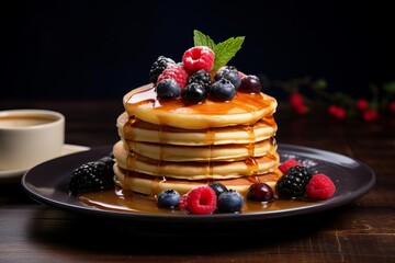 A stack of pancakes with fresh berries and syrup,