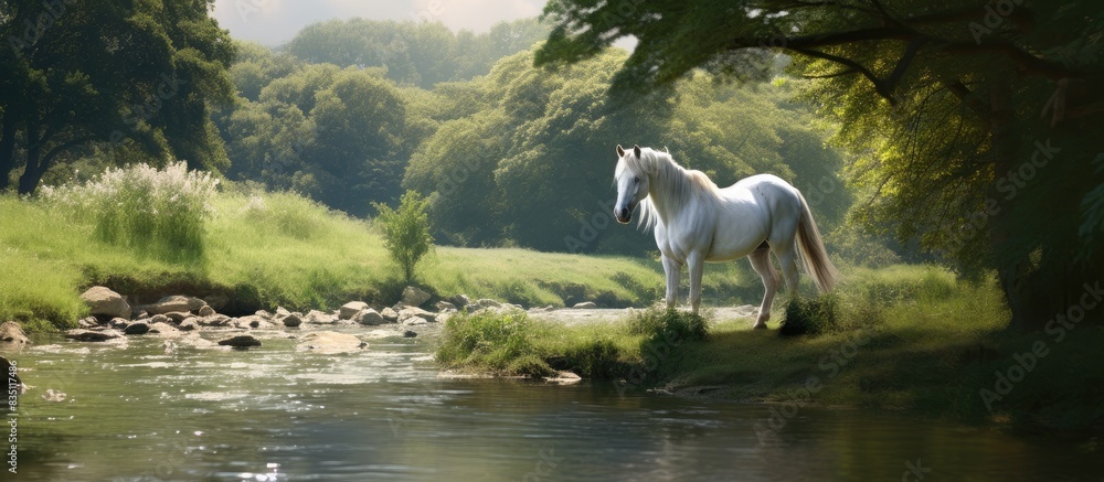 Poster a stunning horse with a flowing mane peacefully grazes by the riverbank in a serene natural setting,