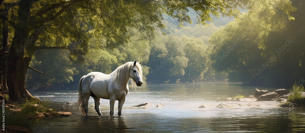 Poster a stunning horse with a flowing mane peacefully grazes by the riverbank in a serene natural setting,