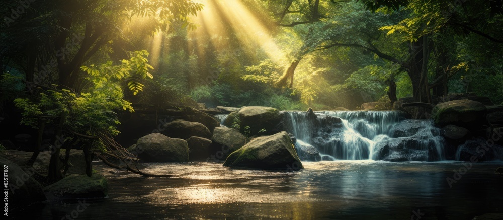 Poster Sunlight shines through trees onto a waterfall cascading into a small pond, creating a serene scene with copy space image.