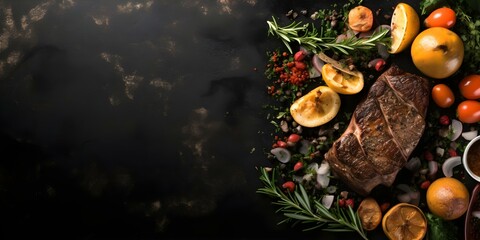 Dark slate banner with summer BBQ food border ample space for content. Concept Seasonal BBQ, Food Photography, Dark Slate Background, Creative Borders, Copy Space