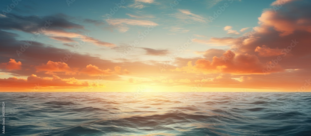 Poster A tranquil ocean scene with the sun setting over the horizon, providing a beautiful backdrop for a copy space image.