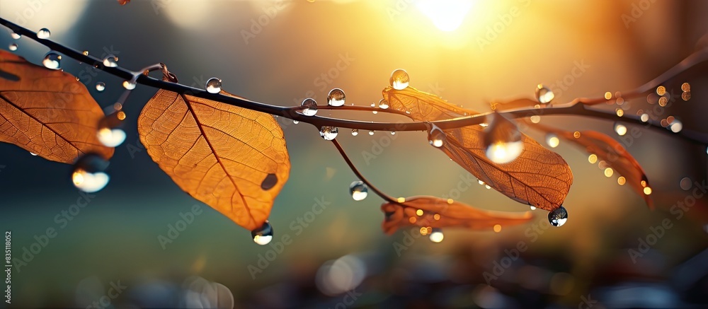 Poster a sunset illuminating leaves covered in water droplets, creating a picturesque scene with copy space